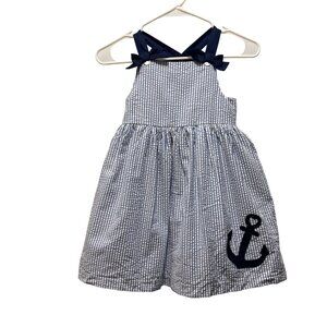 Tahari Girls Seersucker anchor Dress Blue & White Striped Size 7